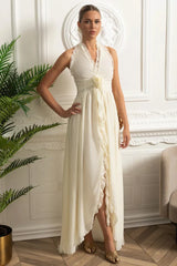 Vestido Longo – Elegante com Gola Halter, Decote com Babados, Cintura Franzida e Detalhe Floral