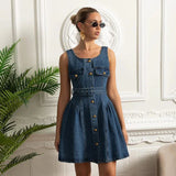 Vestido Feminino – Elegante Slim, Decote Quadrado, Sem Manga, Cintura Alta, Botões Decorativos, Estilo Sofisticado