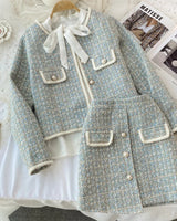 ConjuntoTweed Xadrez – Blazer Manga Longa + Saia A-Line Assimétrica