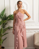 Vestido Sexy Assimétrico e Decote nas Costas – Sem Mangas, Com Babados, Cintura Alta e Modelagem Slim