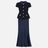 Vestido Longo – Maxi Luxo, Cristal e Cetim Tweed, Azul