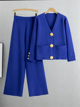 Conjunto Feminino Elegante em Tricô – Cardigan de Botões e Calça de Cintura Alta com Perna Larga
