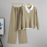 Conjunto Feminino Outono – Blusa Gola Lapela Estilo Camadas com Calça de Cintura Alta