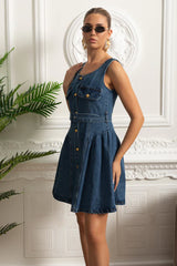 Vestido Feminino – Elegante Slim, Decote Quadrado, Sem Manga, Cintura Alta, Botões Decorativos, Estilo Sofisticado