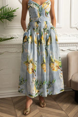 Vestido Longo Estampado – Alças Finas, Decote V, Cinto na Cintura e Saia A-Line