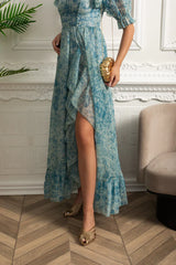 Vestido Runway – Floral Elegante com Mangas Bufantes, Babados em Camadas e Estilo Princesa para Festa