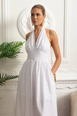 Vestido Longo em Algodão – Decote V, Alças Finas e Cintura Marcada – Estilo Oversized