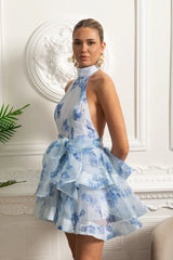 Vestido – Estilo Elegante, Estampa Floral, Decote Halter, Costas Abertas, Modelagem Justa, Saia em Camadas, Mini Vestido para Festa ou Praia