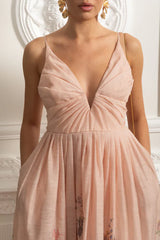 Vestido Midi Estampa de Flores Rosa e Decote V Profundo – Alta Qualidade