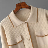 Conjunto Feminino - Estilo Francês em Tricô com Gola Polo e Calça Longa