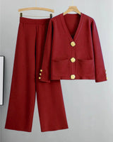 Conjunto Feminino Elegante em Tricô – Cardigan de Botões e Calça de Cintura Alta com Perna Larga