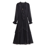 Vestido Elegante com Decote V – Babados, Manga Longa Lanterna e Detalhe em Renda com Laço