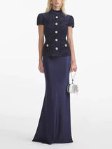 Vestido Longo – Maxi Luxo, Cristal e Cetim Tweed, Azul