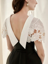 Vestido Couture em Renda – Modelo Sem Costas com Recortes em Patchwork e Cintura Alta Esculpida