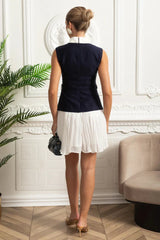 Vestido Curto – Azul em Cetim e Branco em Chiffon, Plissado