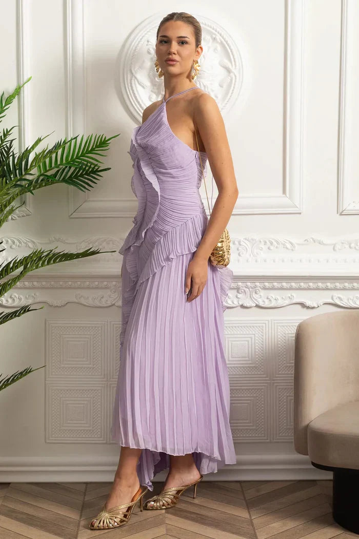 Vestido Sexy Assimétrico e Decote nas Costas – Sem Mangas, Com Babados, Cintura Alta e Modelagem Slim