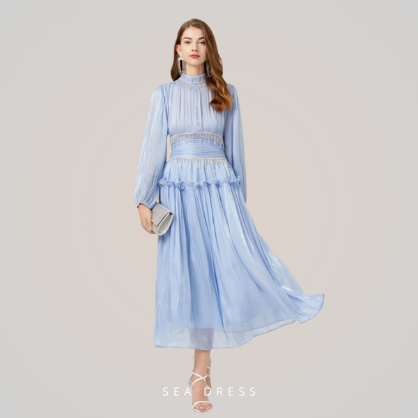 Vestido de Verão SEDA – Luxo Francês, Franjas, Pregas e cristais