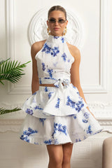 Conjunto – Top Estampado Sem Mangas  + Saia Curta Plissada de Cintura Alta