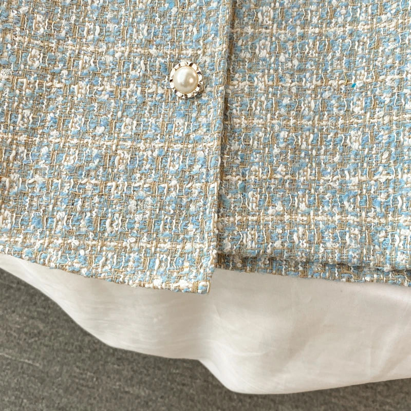 ConjuntoTweed Xadrez – Blazer Manga Longa + Saia A-Line Assimétrica