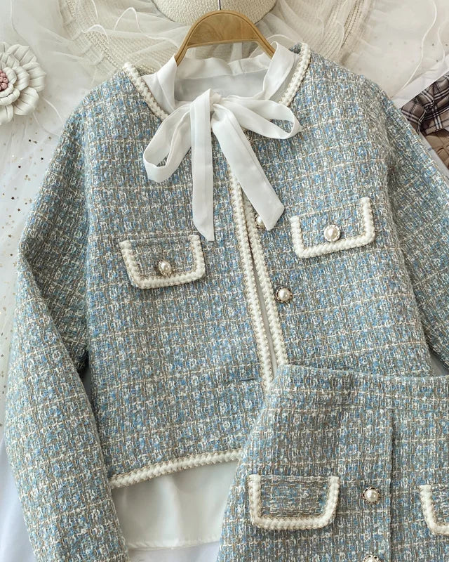 ConjuntoTweed Xadrez – Blazer Manga Longa + Saia A-Line Assimétrica