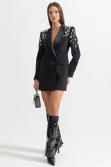 Blazer Longo com Botões Duplos e Aplique de Pedrarias – Bordado à Mão