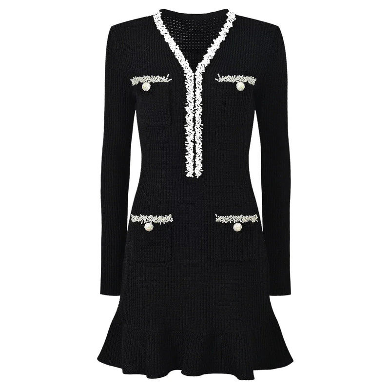 Vestido Bicolor – Decote V, Manga Longa, Slim Fit com Bolsos Bordados