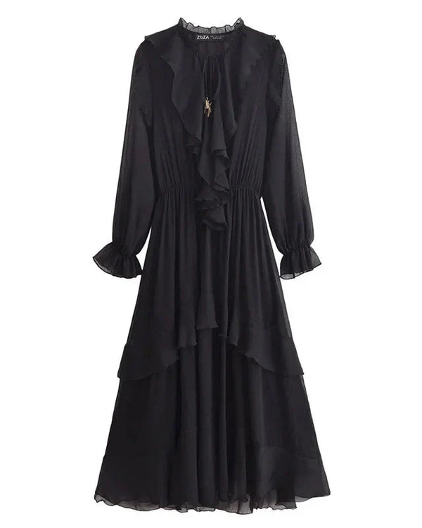 Vestido Elegante com Decote V – Babados, Manga Longa Lanterna e Detalhe em Renda com Laço