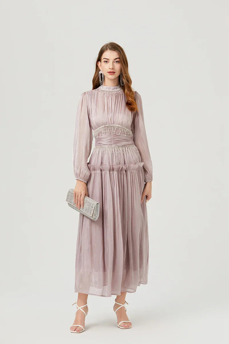 Vestido de Verão SEDA – Luxo Francês, Franjas, Pregas e cristais