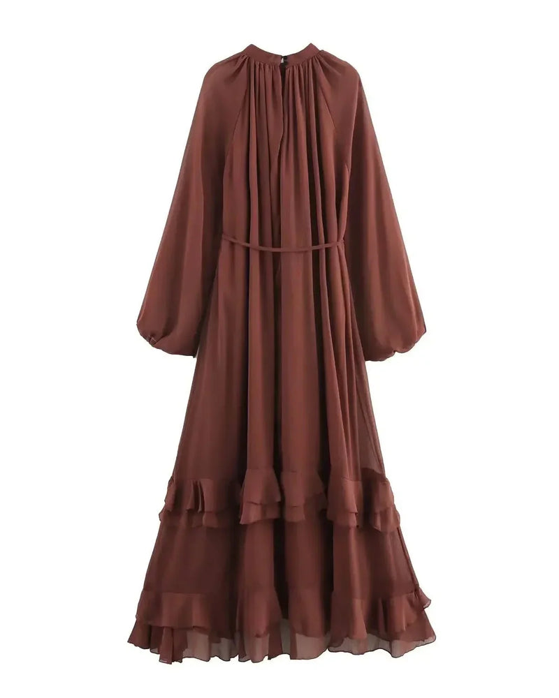 Vestido Elegante com Babados – Manga Longa, Alças Ajustáveis e Bainha Irregular