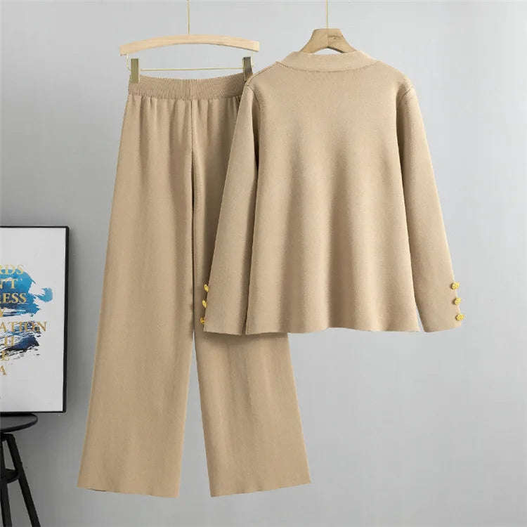 Conjunto Feminino Elegante em Tricô – Cardigan de Botões e Calça de Cintura Alta com Perna Larga