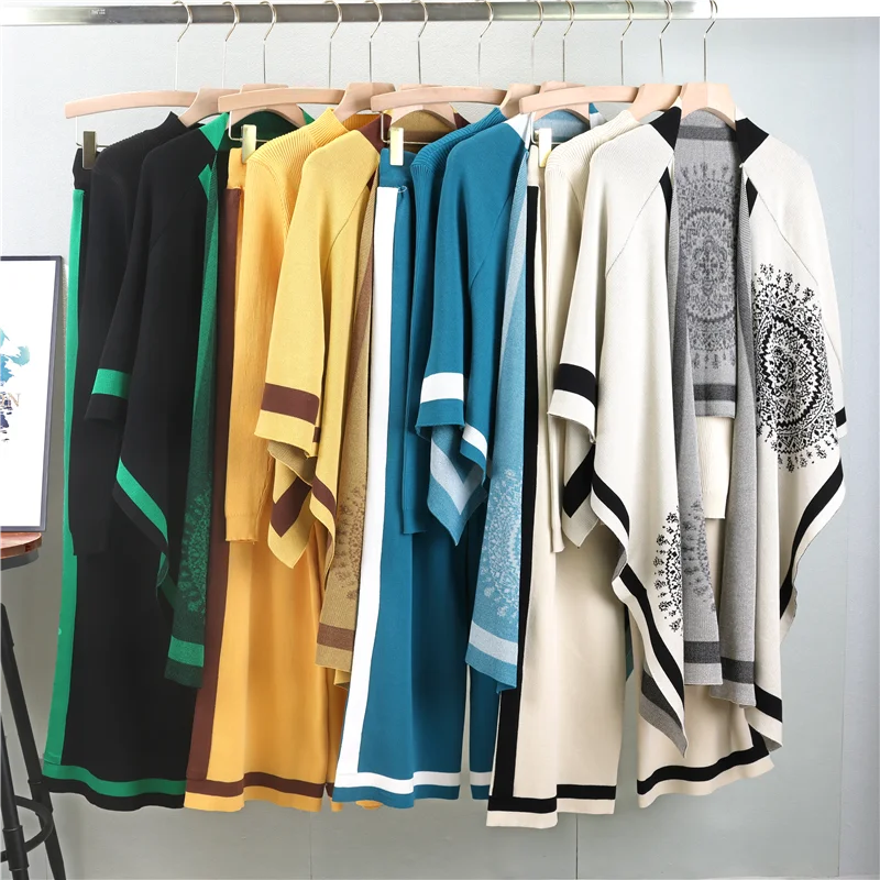 Conjunto Feminino 3 Peças em Tricô – Blusa, Pashmina e Calça Pantalona Cintura Alta