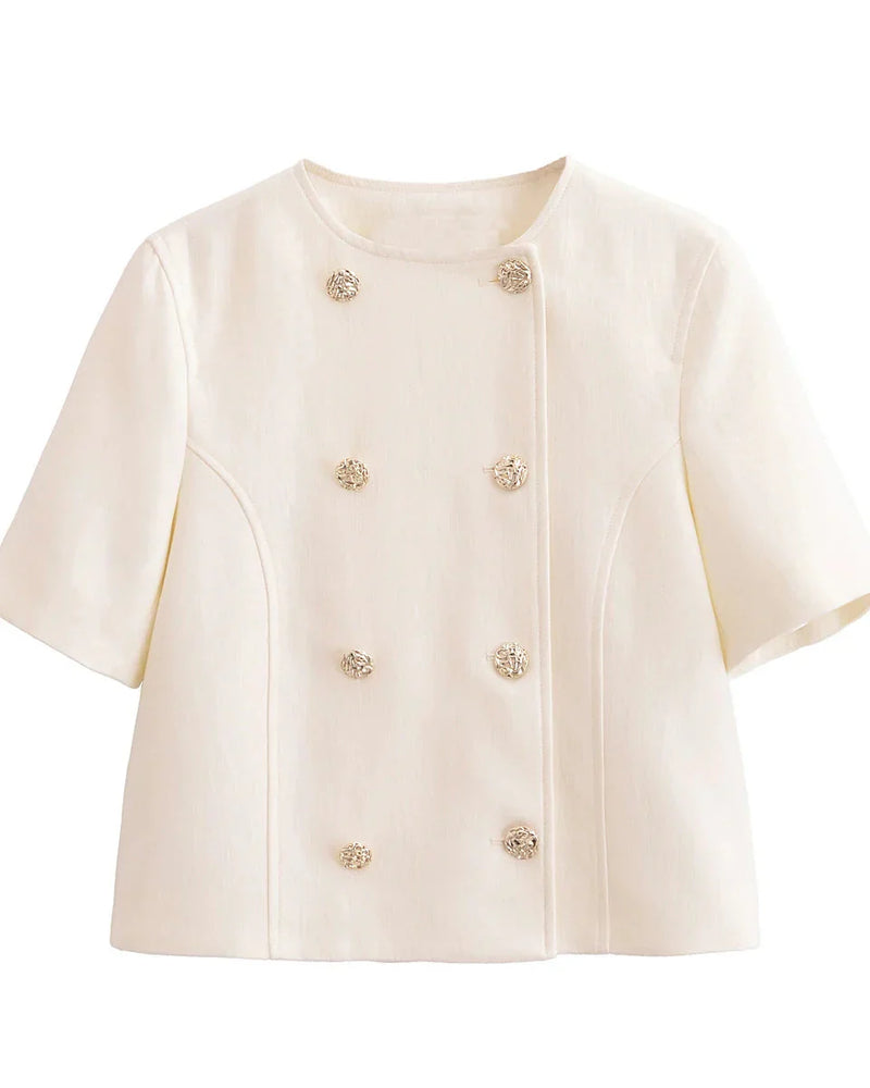 Conjunto Feminino Elegância Clássica – Blazer Transpassado com Botões Duplos e Calça de Cintura Alta