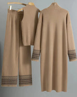 Conjunto Feminino 3 Peças de Tricô – Colete, Cardigan Longo e Calça Pantalona