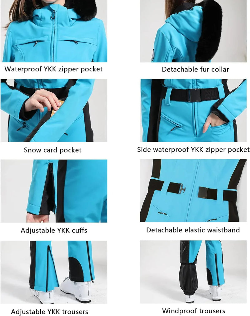 Macacão de Esqui Feminino GSOU SNOW – Peça Única, Acolchoado, Impermeável, Respirável e à Prova de Vento