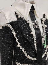 Vestido A-Line com Paetês e Bordado – Manga Longa, Gola Lapela e Design Bicolor