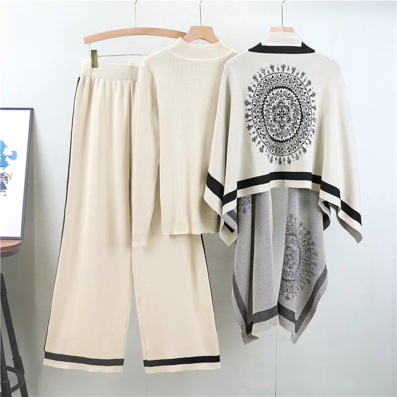 Conjunto Feminino 3 Peças em Tricô – Blusa, Pashmina e Calça Pantalona Cintura Alta