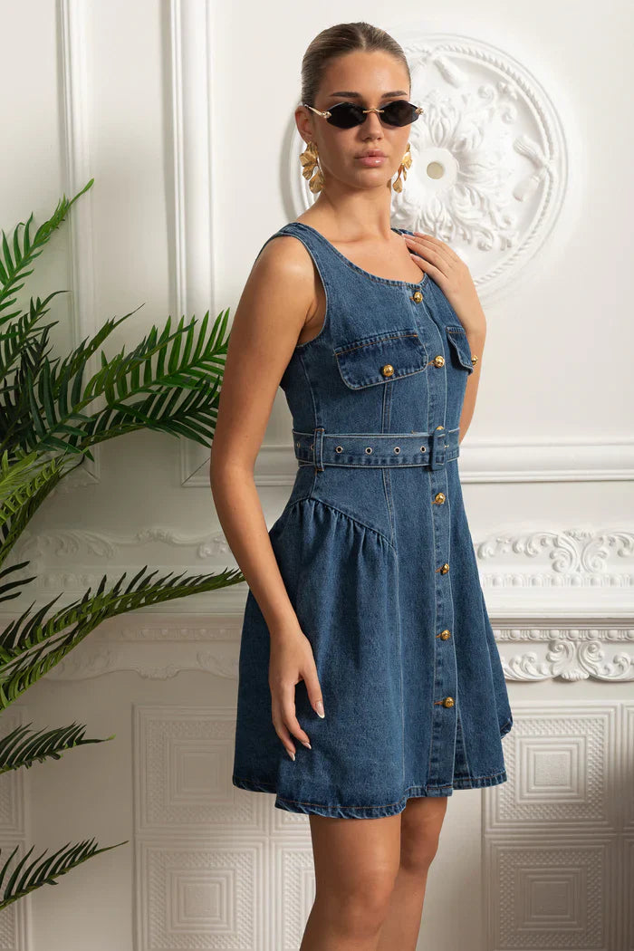 Vestido Feminino – Elegante Slim, Decote Quadrado, Sem Manga, Cintura Alta, Botões Decorativos, Estilo Sofisticado