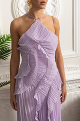 Vestido Sexy Assimétrico e Decote nas Costas – Sem Mangas, Com Babados, Cintura Alta e Modelagem Slim