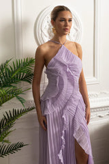 Vestido Sexy Assimétrico e Decote nas Costas – Sem Mangas, Com Babados, Cintura Alta e Modelagem Slim