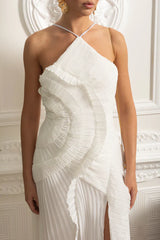 Vestido Sexy Assimétrico e Decote nas Costas – Sem Mangas, Com Babados, Cintura Alta e Modelagem Slim