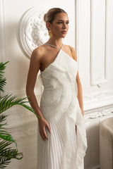 Vestido Sexy Assimétrico e Decote nas Costas – Sem Mangas, Com Babados, Cintura Alta e Modelagem Slim