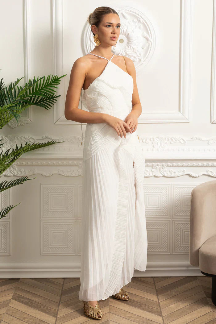 Vestido Sexy Assimétrico e Decote nas Costas – Sem Mangas, Com Babados, Cintura Alta e Modelagem Slim