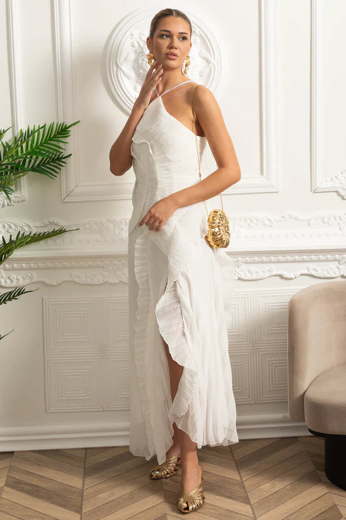 Vestido Sexy Assimétrico e Decote nas Costas – Sem Mangas, Com Babados, Cintura Alta e Modelagem Slim