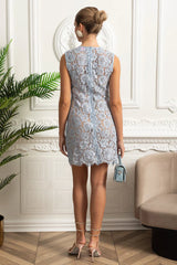 Vestido Curto  – Bordado Floral, Botões, Renda, Decote O e Sem Mangas