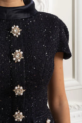 Vestido Longo – Maxi Luxo, Cristal e Cetim Tweed, Azul