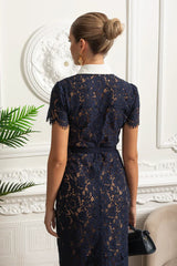 Vestido de Renda Luxo – Bordado Elegante, Botões Metalizados, Manga Curta