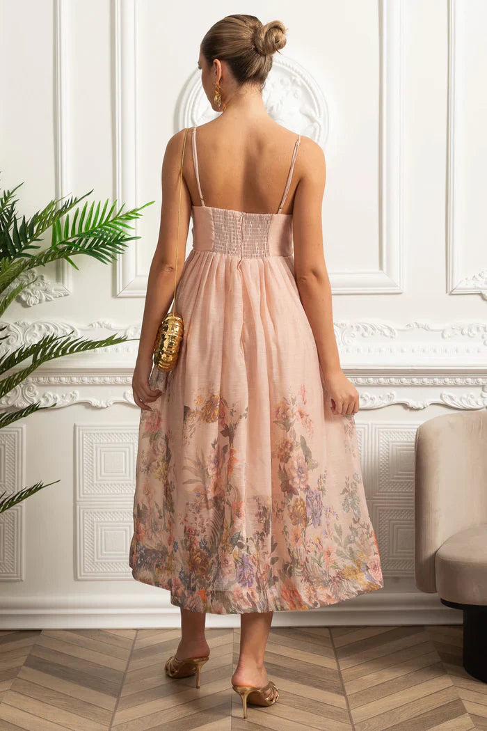Vestido Midi  Estampa de Flores Rosa e Decote V Profundo – Alta Qualidade