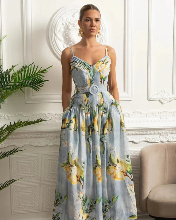 Vestido Longo Estampado – Alças Finas, Decote V, Cinto na Cintura e Saia A-Line