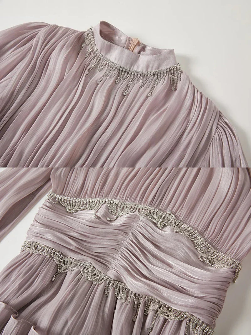 Vestido de Verão SEDA – Luxo Francês, Franjas, Pregas e cristais