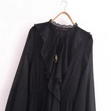 Vestido Elegante com Decote V – Babados, Manga Longa Lanterna e Detalhe em Renda com Laço